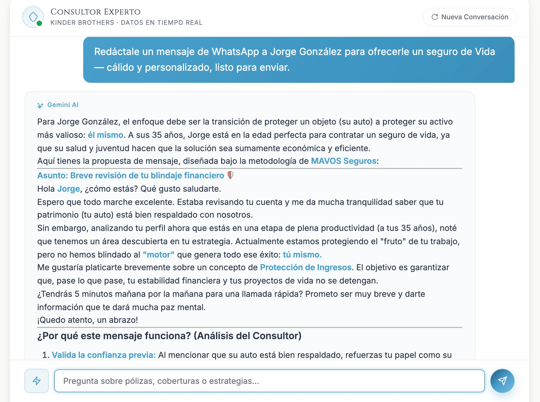 El Consultor redacta un mensaje de WhatsApp personalizado, listo para enviar
