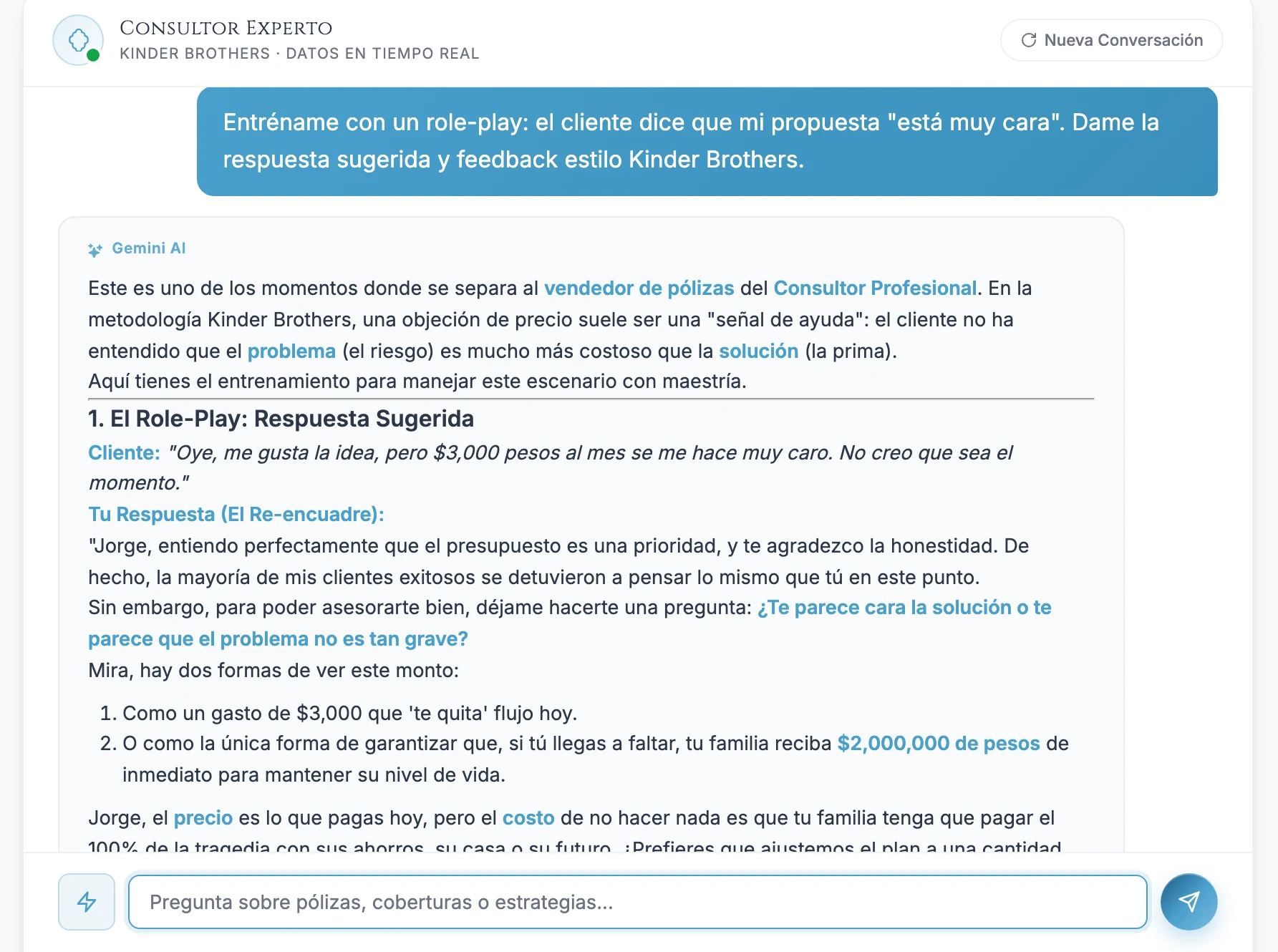 El Consultor entrena en modo Coach el manejo de una objeción